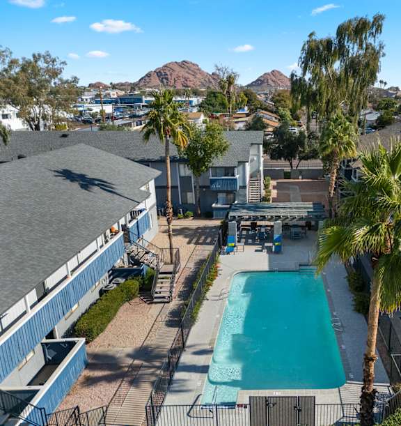 A pool surrounded by palm trees and a mountain in the distance.