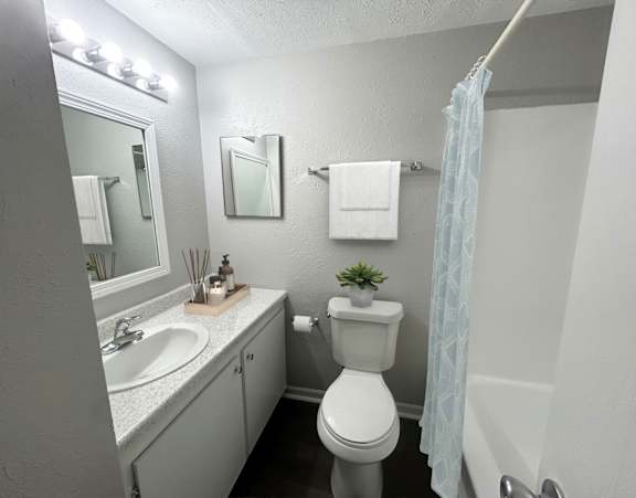 A small bathroom with a toilet, sink, and mirror.