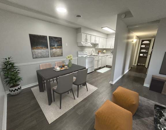 A modern dining area with a table set for two and a kitchen in the background.