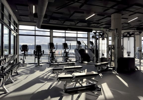 a gym with a view of the ocean
