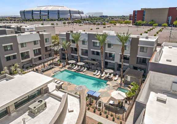 A pool surrounded by palm trees and lounge chairs is in the foreground of a stadium.