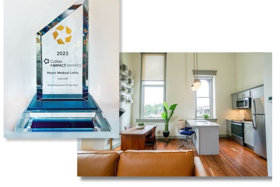 a split image of a living room with a brown leather couch and a kitchen with a white