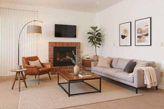 A living room with a fireplace, a couch, a chair, and a coffee table.