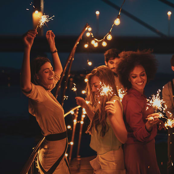 A group of people holding sparklers at night.