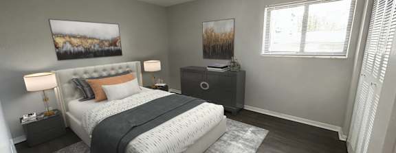 A bedroom with a large bed and a painting on the wall.