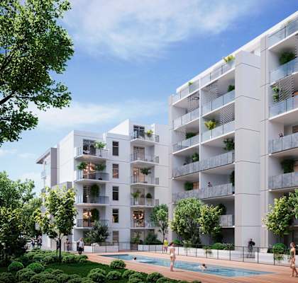 an artist impression of a proposed apartment building on the corner of a pool