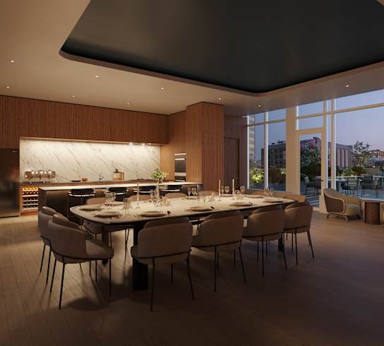 A modern dining room with a large table and chairs.