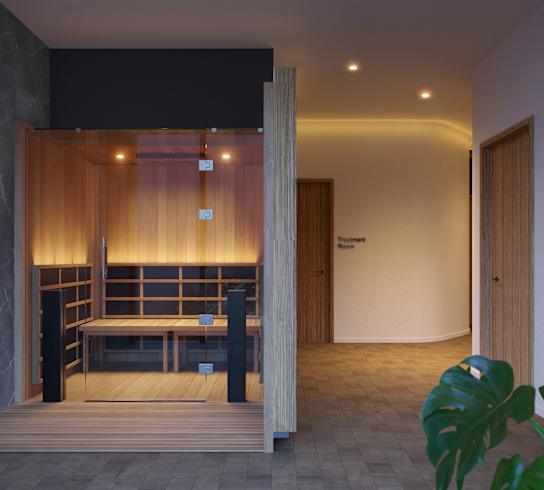 A room with a wooden bench and a door.