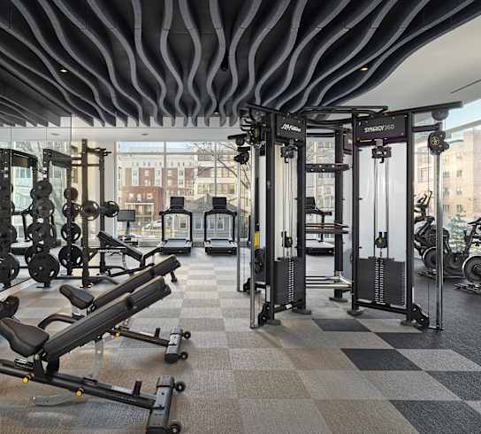 A gym with a variety of equipment including weights and a rowing machine.