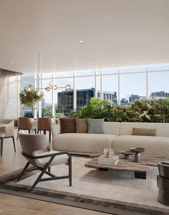 a rendering of a living room with couches and tables at AVE Hamilton Green - 25 Cottage Apartments, White Plains ,New York, 10601