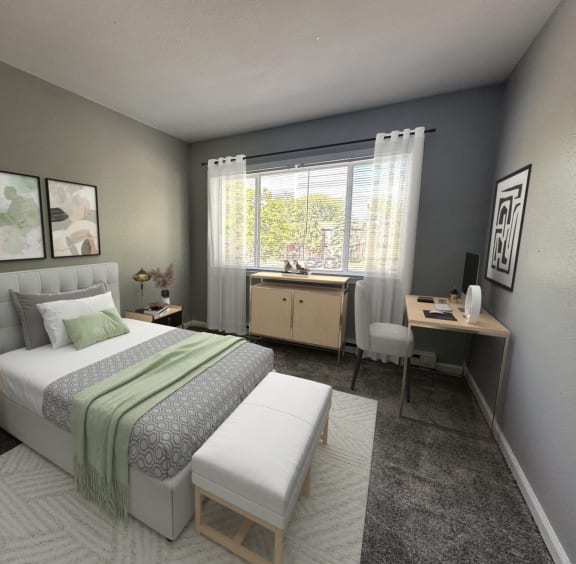 a bedroom with a large bed and two closets
