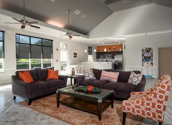 a living room with couches and a coffee table at Tivoli Apartments, Gainesville, FL