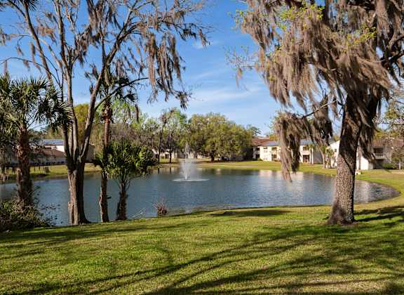 a view of a lake with trees and a fountain at Stoneridge Apartments in Gainesville, FL