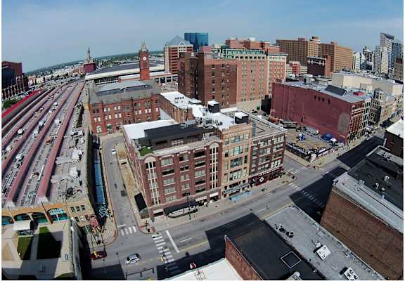 Aerial view of building at Janus Lofts, Managed by Buckingham Urban Living, 255 S. McCrea Street, Indianapolis