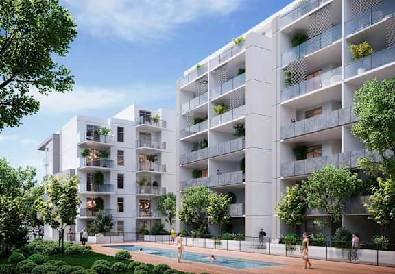 an artist impression of a proposed apartment building on the corner of a pool