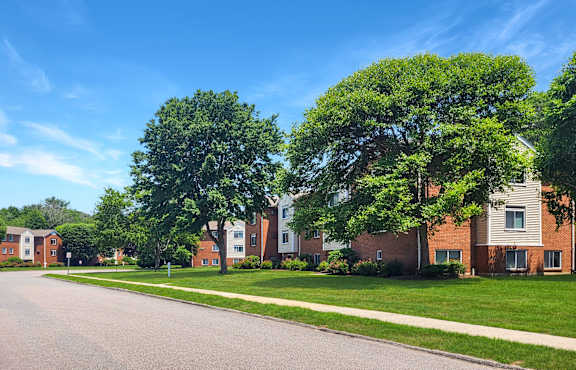A row of houses with green trees in front.