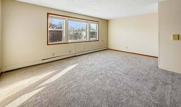 A room with a grey carpet and a window.