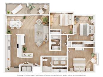 A top-down view of a house layout with a kitchen, living room, and bedrooms.