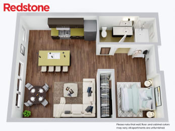 A Redstone apartment floor plan with furniture and appliances.