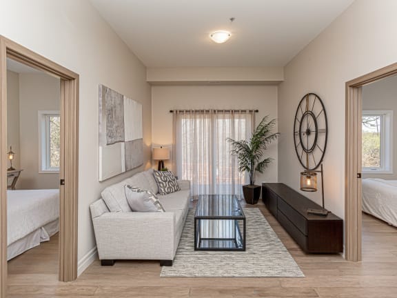 a living room with a couch and a table