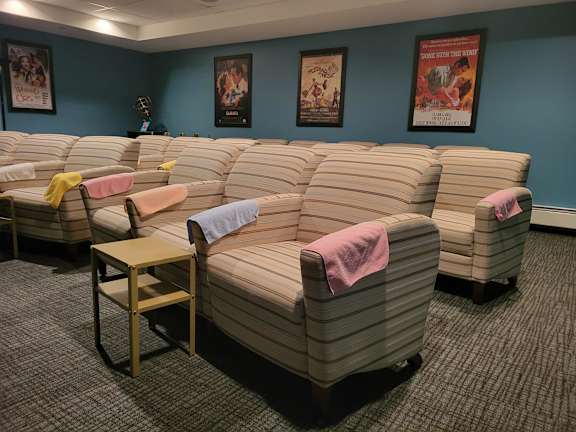 A room with a ceiling covered in fabric and three posters on the wall.