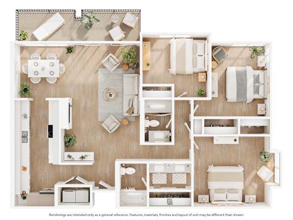 A top-down view of a house layout with a kitchen, living room, and bedrooms.