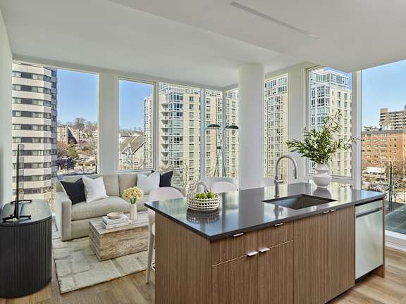kitchen with view into living room AVE Hamilton Green - 25 Cottage Apartments, White Plains ,New York, 10601