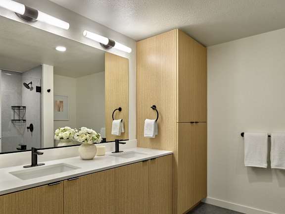 A bathroom with a vanity and a mirror.