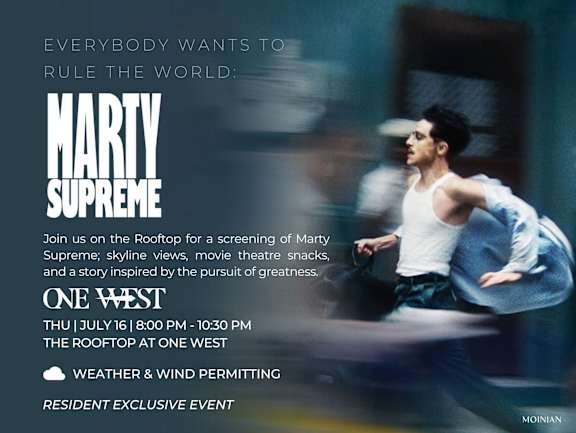 A poster advertising a screening of the movie "Marty Supreme" at One West.