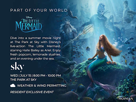 A poster advertises a Disney The Little Mermaid movie night at The Park at Sky.