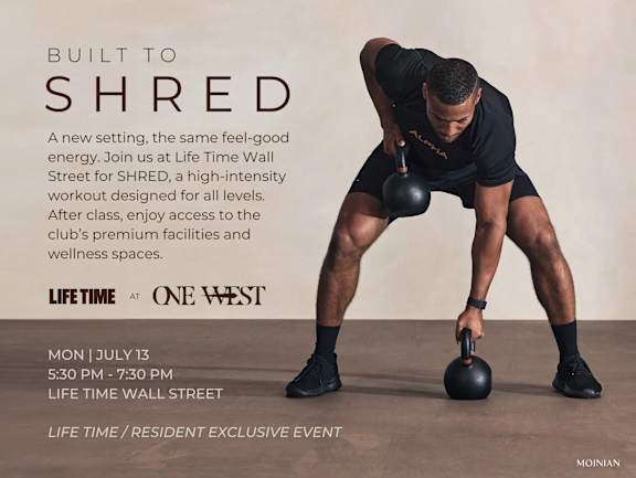 A man is doing a kettlebell exercise in a Life Time gym advertisement.
