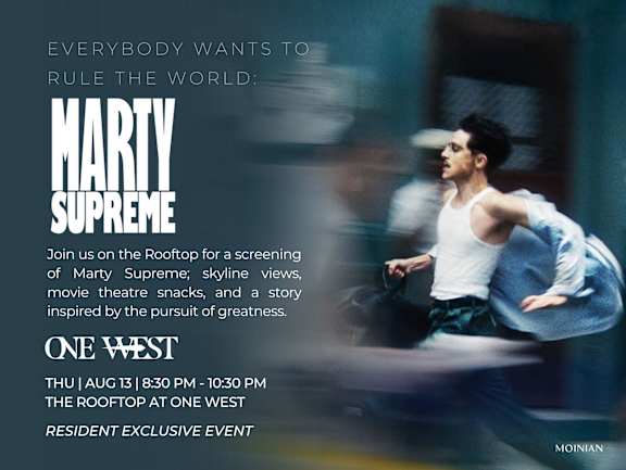 A poster advertising a screening of the movie "Marty Supreme" at the Rooftop at One West.
