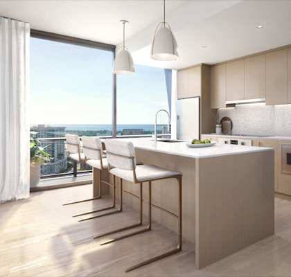 a kitchen with a large island and a window