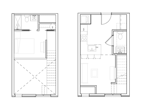 A floor plan of a two-story house with a staircase and labeled rooms.