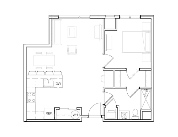 A floor plan of a house with a kitchen, living room, and bathroom.