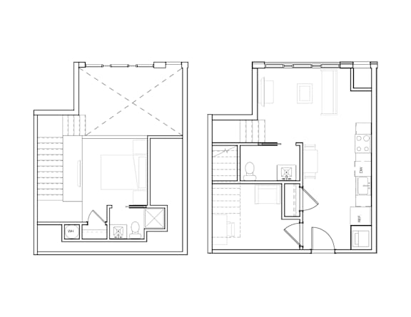 Two floor plans of a house with a kitchen, living room, and bathrooms.