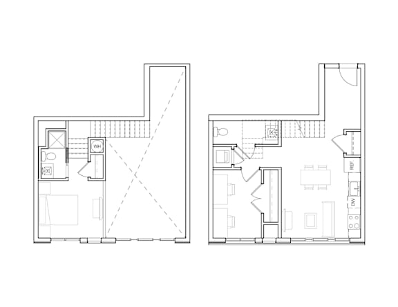 A floor plan of a two-story building with a kitchen, living room, and bathrooms.