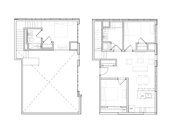 Two floor plans of a house with labeled rooms.