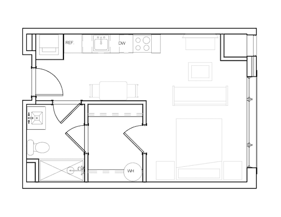 A floor plan of a house with a kitchen, living room, and bathroom.