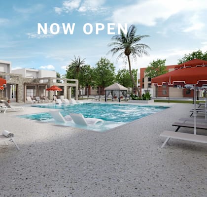 A pool area with the text "NOW OPEN" in the sky.