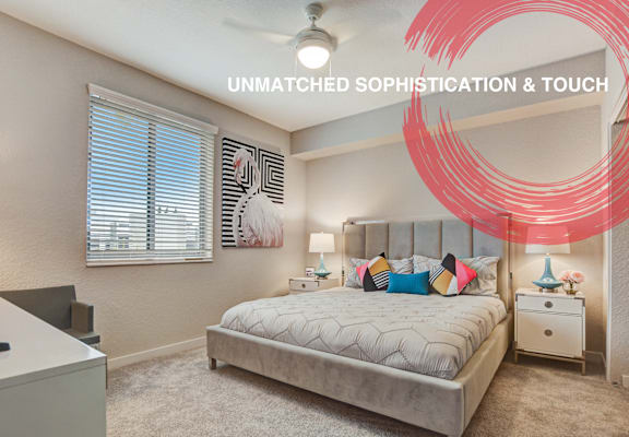 a bedroom with a bed and a desk and a window at Icon One, Florida, 32114