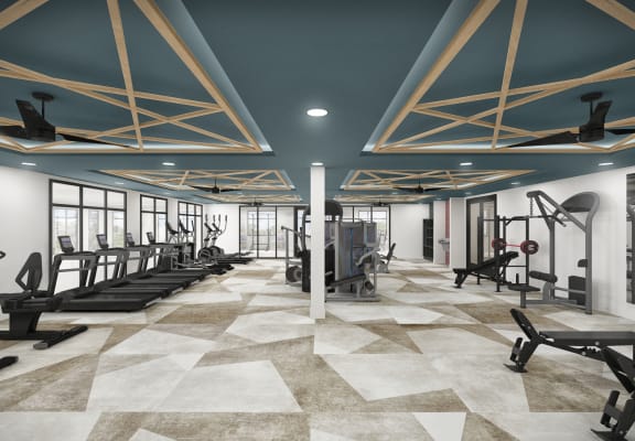 a large fitness room with exercise equipment and a blue ceiling