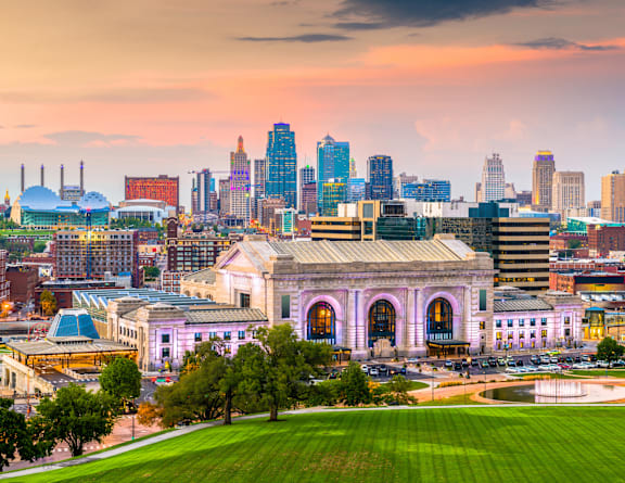 A cityscape with a large building in the foreground and a skyline of tall buildings in the background.