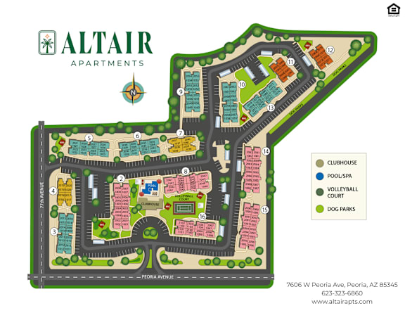 A map of the Altair Apartments showing the location of the clubhouse, pool, volleyball court, and dog parks.