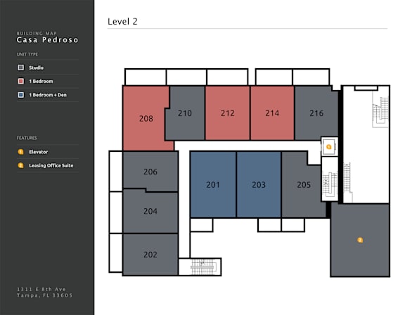 A floor plan for a building named Casa Pedroso shows the layout of studio and one bedroom units, as well as an elevator and leasing office suite.