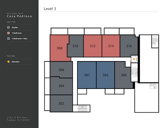 A floor plan for a building named Casa Pedroso shows the layout of studio and one bedroom units on Level 3.