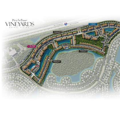 A map of a vineyard residential area with a lake in the middle.