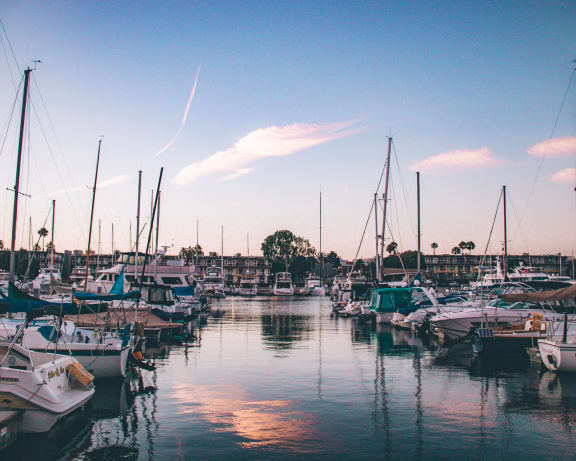 a harbor filled with boats at sunset