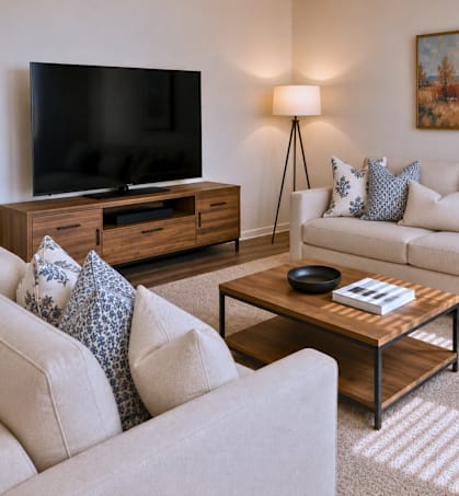 A living room with a white couch, a wooden coffee table, and a painting on the wall.