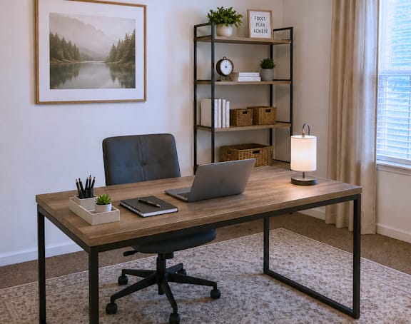 A modern home office with a wooden desk, black chair, and a framed landscape picture on the wall.